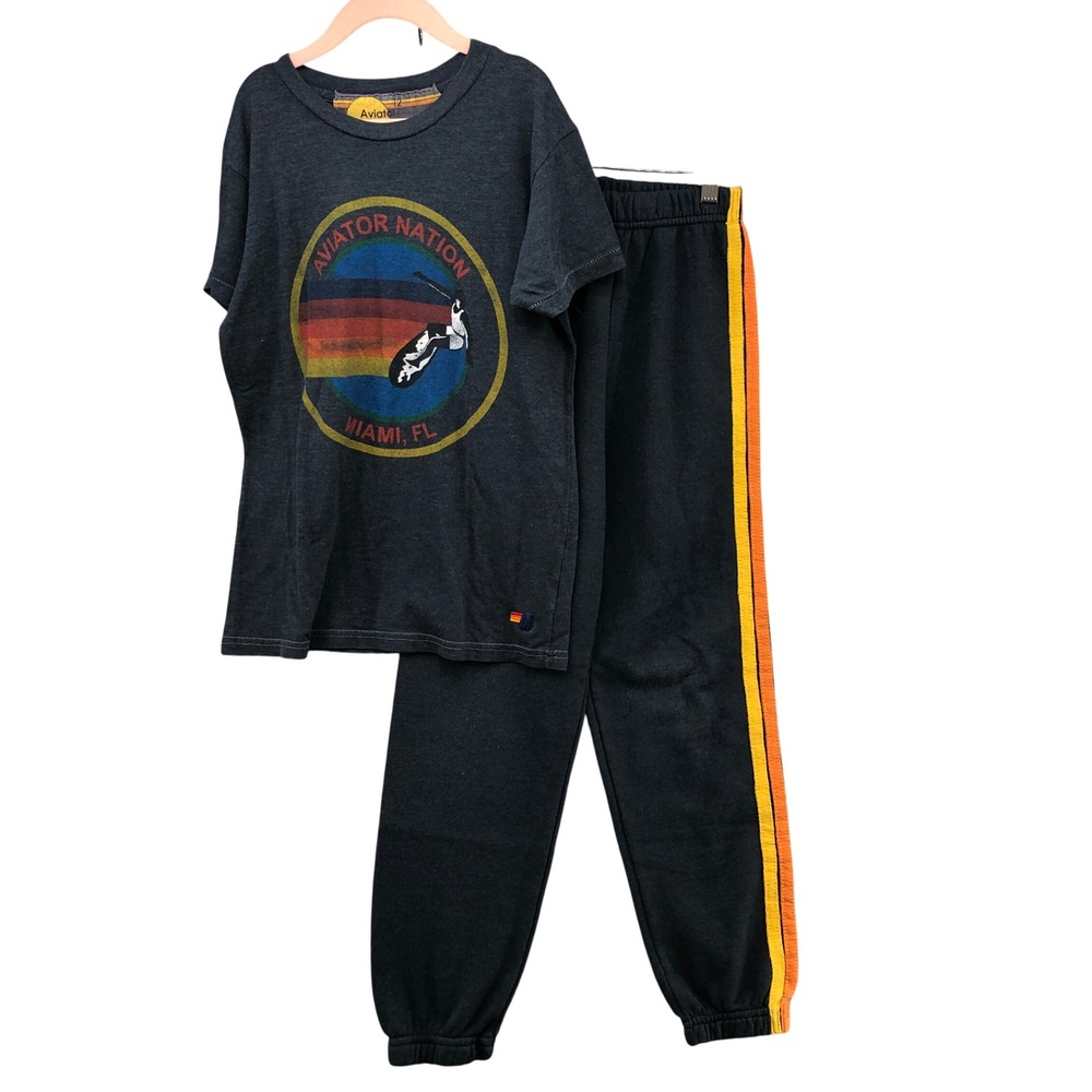 Aviator Nation 2pc Set Kids 12 Unisex Charcoal Miami Graphic Tee Joggers Stripes